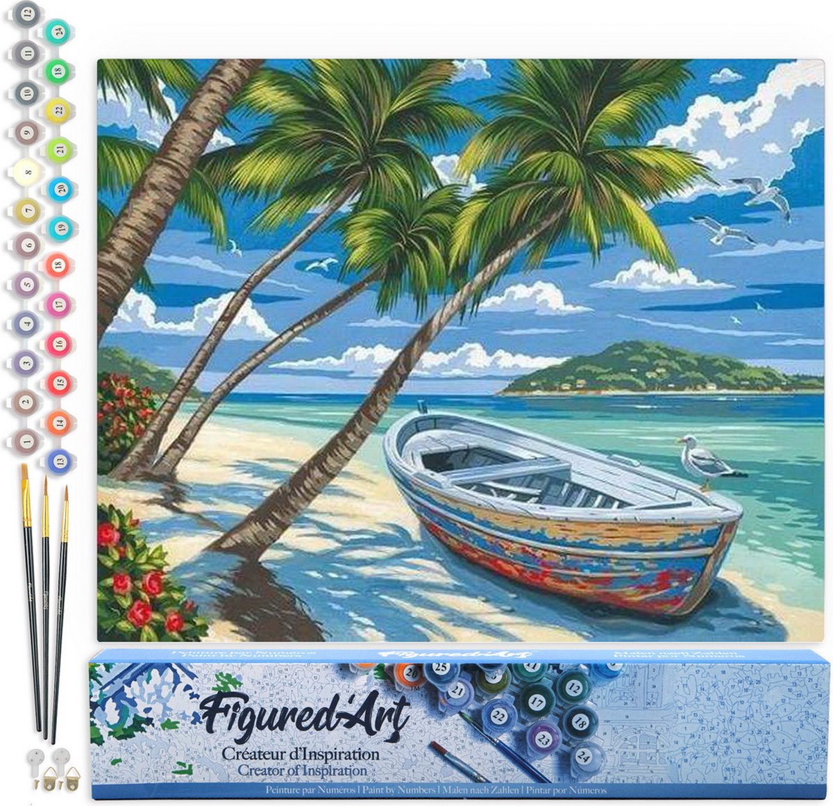 FiguredArt Schilderen op Nummer Volwassenen canvas Boot onder de palmbomen - Handwerk acrylverf Kit DIY Compleet - 40x50cm zonder frame